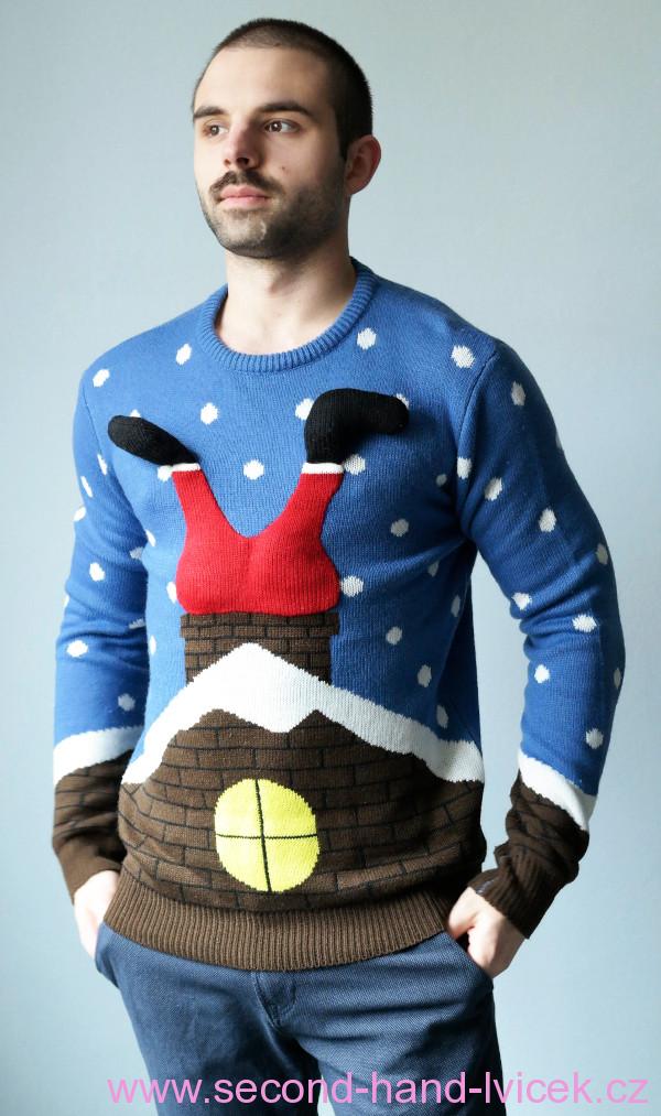 Modrý vánoční svetr Santa v komíně vel. M/UNISEX
