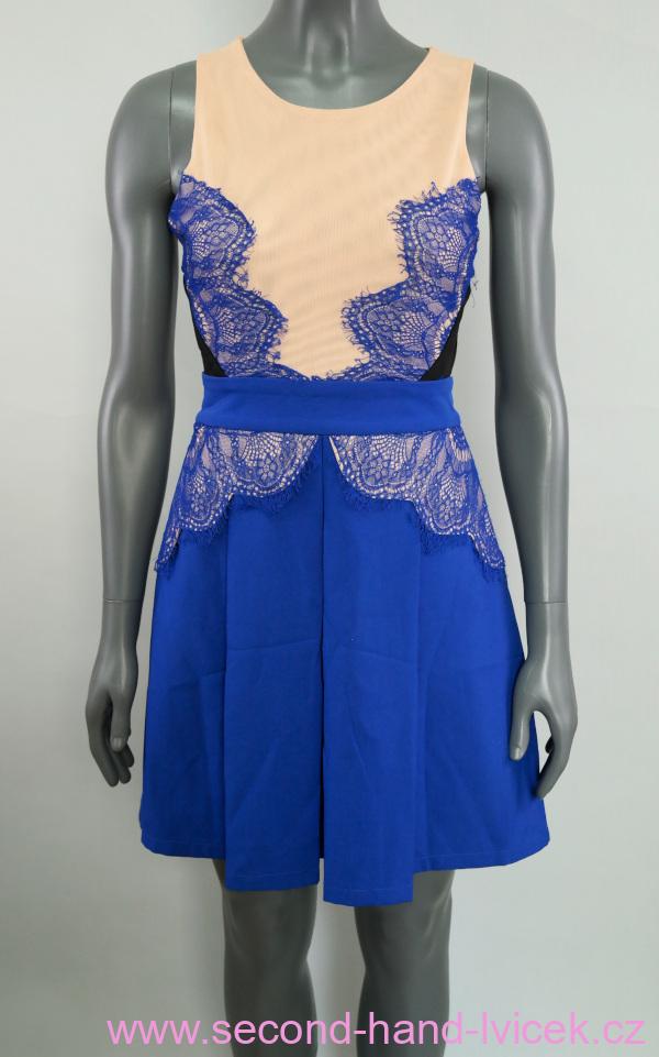 Šmolkově modré šaty s krajkou OPUS LONDON vel. 38