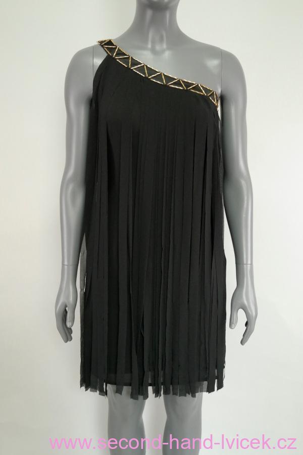 Černé šaty na jedno rameno s třásněmi APART vel. 34