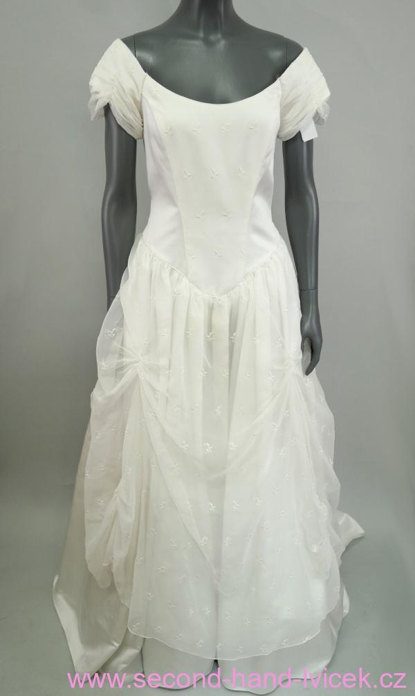Svatební šaty se spadlými rukávky a vlečkou - prsa obvod 88 cm