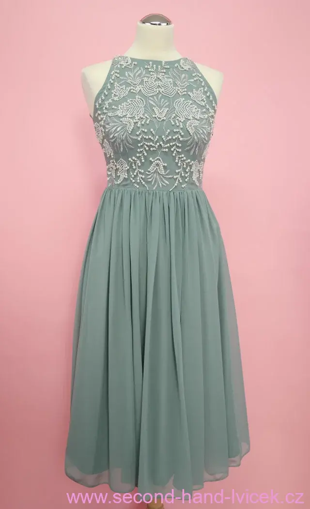 MONSOON mentolové šaty s perličkovou výšivkou vel. 36