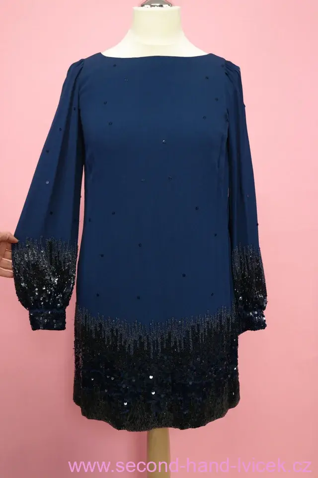 MONSOON modré vyšívané šaty v artdeco stylu vel.  40