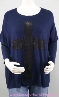 Tmavě modrý oversize svetr s kamínkovým křížem