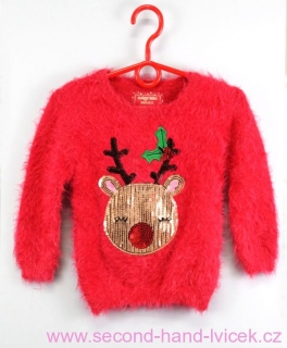 Huňatý červený vánoční svetr s flitrovým Sobíkem vel. 3 roky