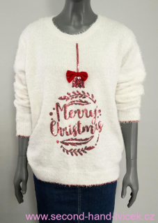 Dámský bílý huňatý vánoční svetr s flitrovým obrázkem vel. 46