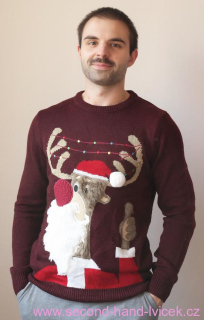 Vínový vánoční svetr s huňatým sobem vel. M - unisex