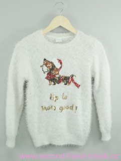 Dívčí bílý huňatý vánoční svetr vel. 146