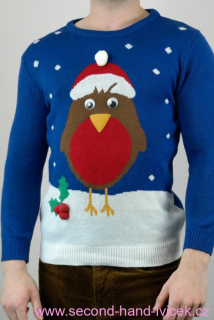 Modrý vánoční svetr s ptáčkem vel. S/UNISEX